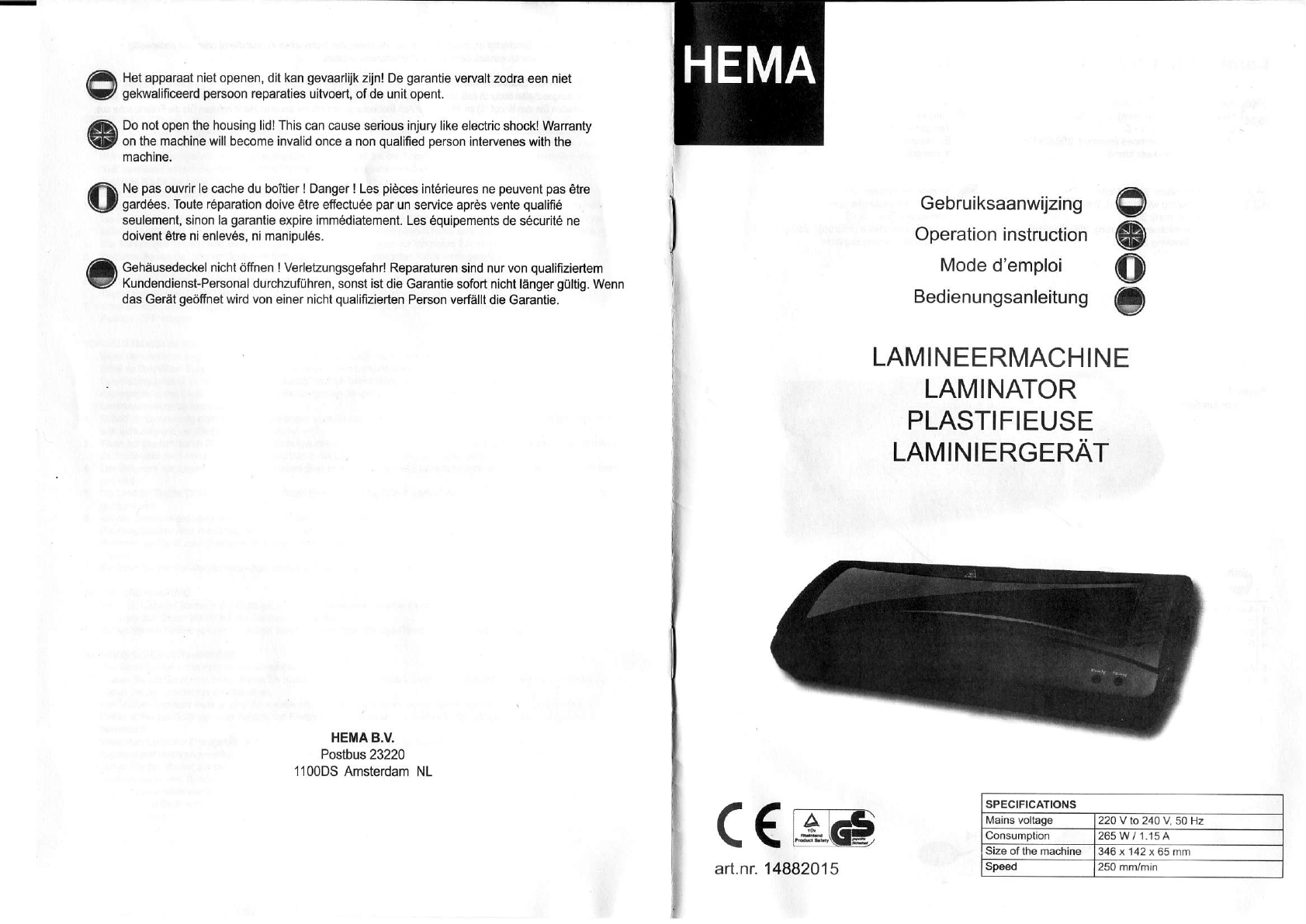 walgelijk Belonend Giet Handleiding Hema lamineermachine 14882015 (pagina 1 van 4) (Nederlands)