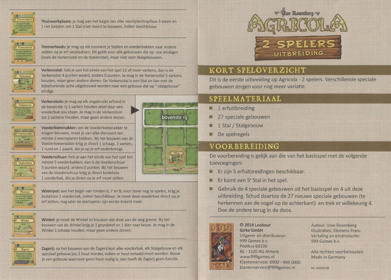 cap procent Sympton Handleiding 999 games Agricola 2 Spelers Uitbreiding 1 Dieren op stand  (pagina 1 van 2) (Nederlands)