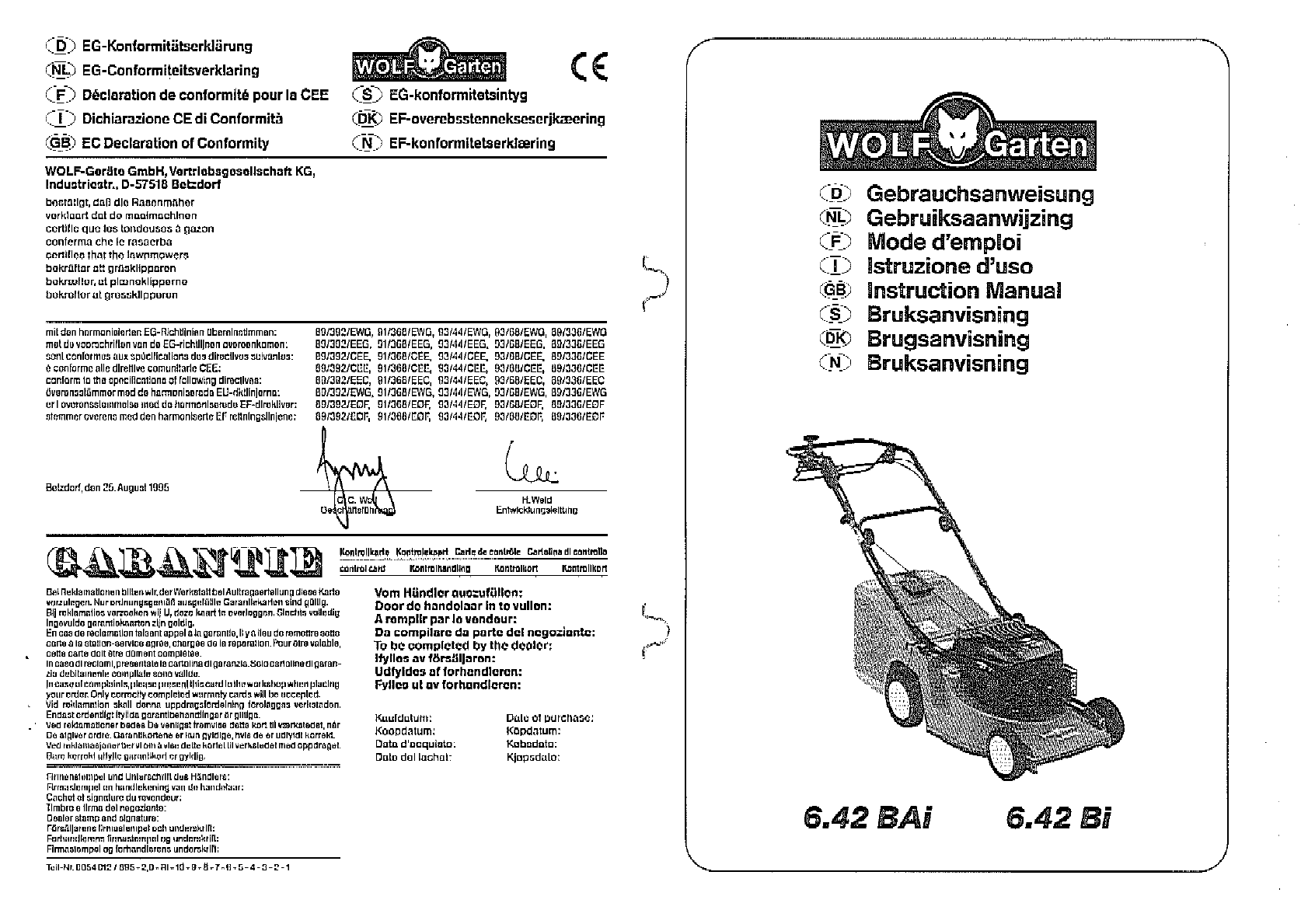 Handleiding WOLF-Garten 6.42 (pagina 1 van 21) (Nederlands, Duits, Engels, Frans, Italiaans, Deens, Zweeds,
