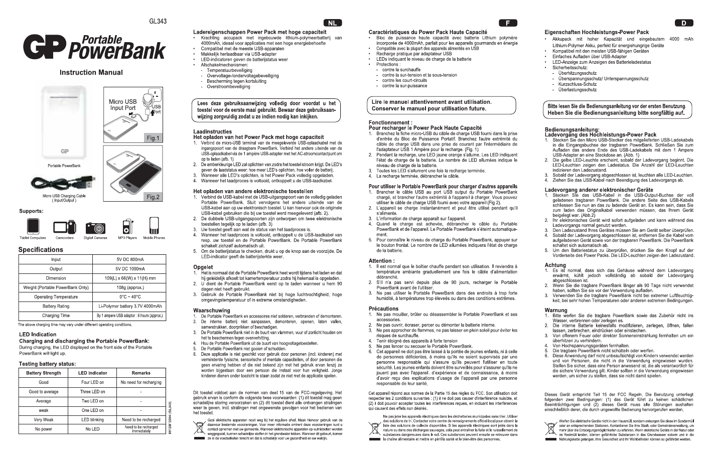 overschot voordeel Leeds Handleiding GP GL343 Portable Power bank (pagina 1 van 1) (Nederlands,  Duits, Frans)