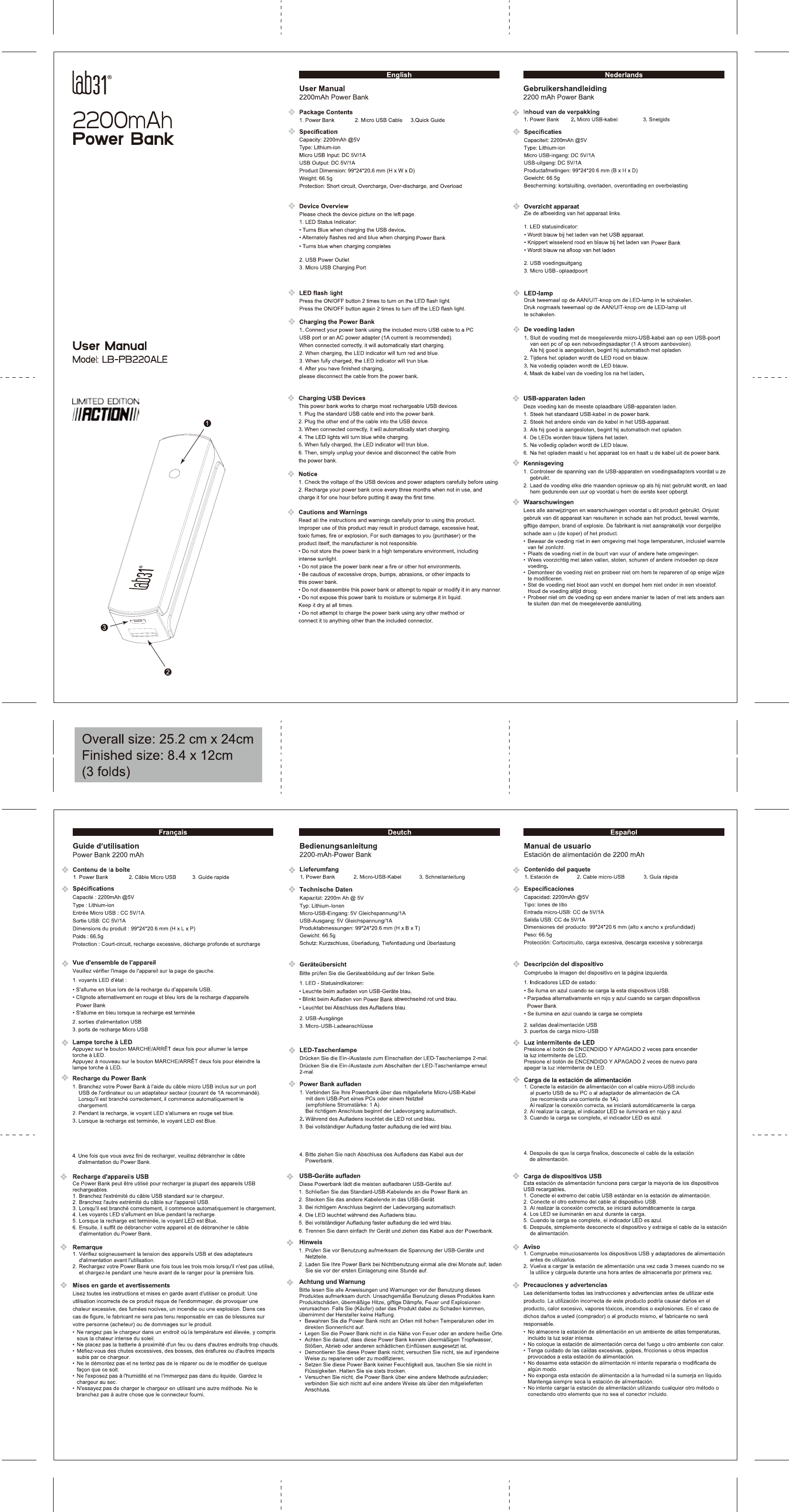 Handleiding Lab 31 LB-PB220 Powerbank 2200 (pagina 1 van 1) (Nederlands, Engels, Frans, Spaans)