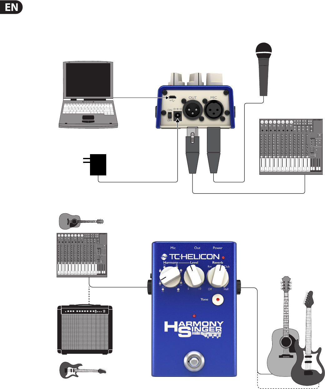 TC Helicon Harmony Singer 2 Vocal Effects Pedal Bundle with R21S Cardioid Dynamic Microphone 1/4 10-FT Balanced XLR Cable and 10 Straight Instrument Cable Blucoil Slim 9V Power Supply AC Adapter 