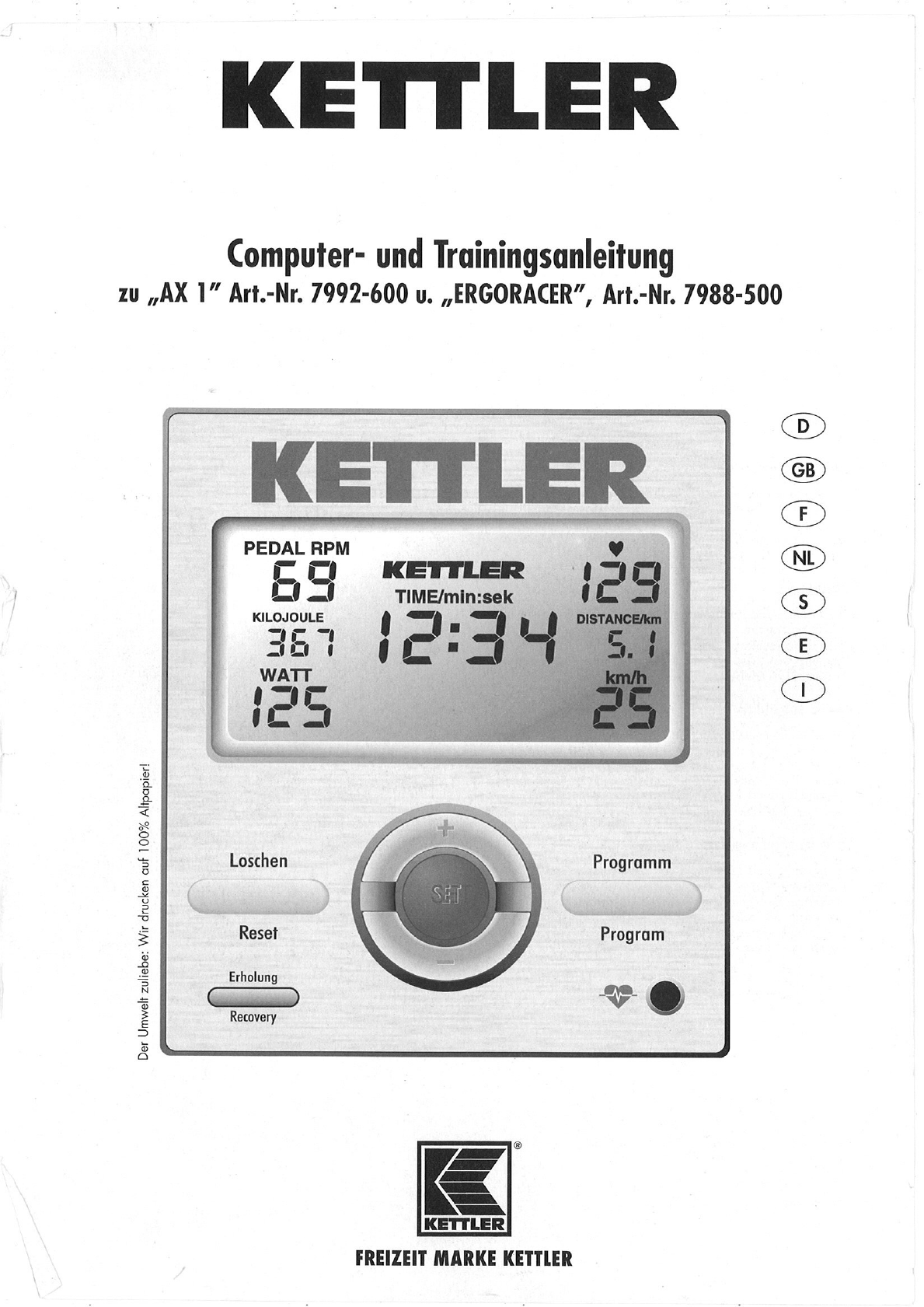 Handleiding Kettler Ergometer AX 1 7992-600 (pagina van 20) (Nederlands, Duits, Engels, Frans, Italiaans, Portugees, Spaans, Zweeds)